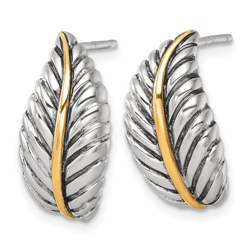Sterling Silver Antiqued w/Silver/14K Two-Tone Accent Polished Feather Post Earrings