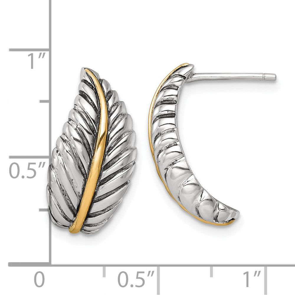 Sterling Silver Antiqued w/Silver/14K Two-Tone Accent Polished Feather Post Earrings