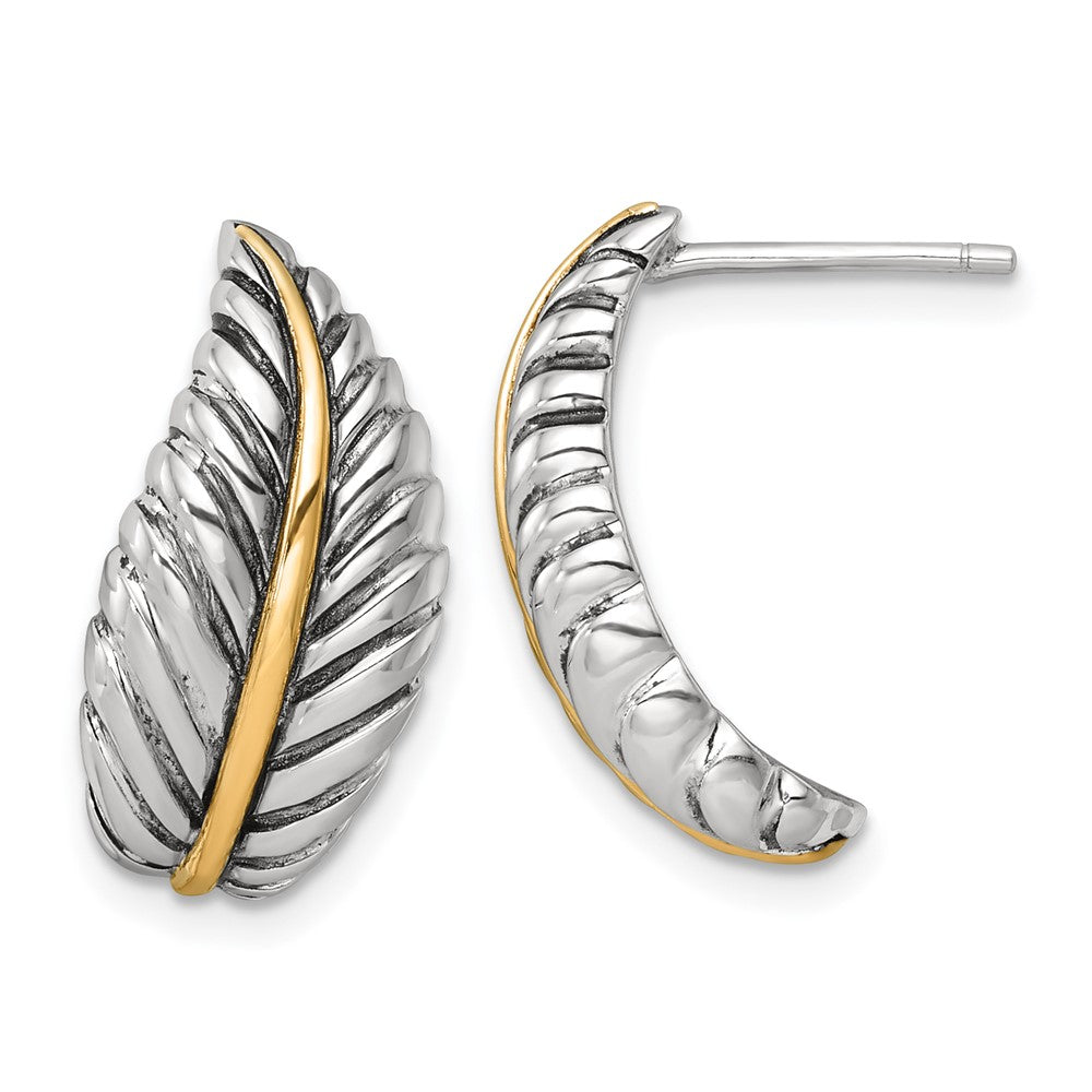 Sterling Silver Antiqued w/Silver/14K Two-Tone Accent Polished Feather Post Earrings