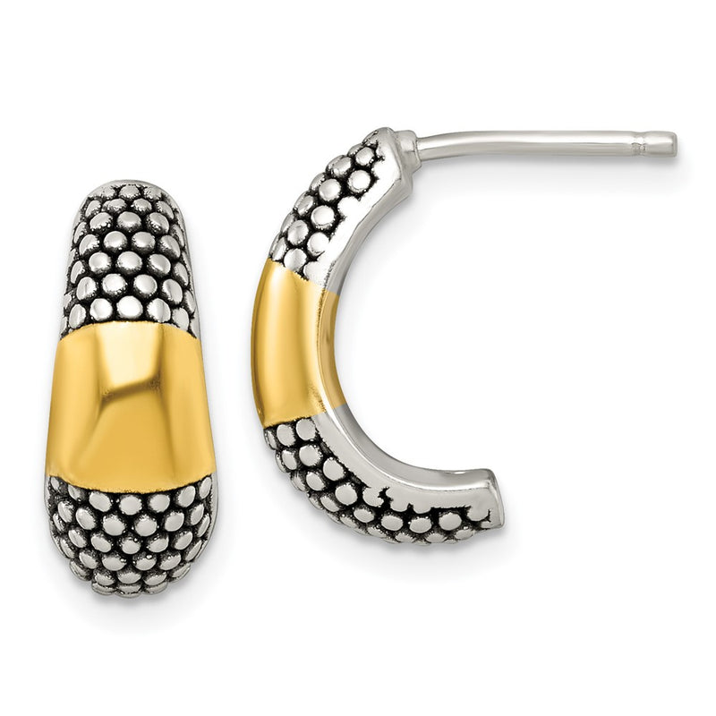 Sterling Silver and Gold-Tone Antiqued Polished Post J-Hoop Earrings