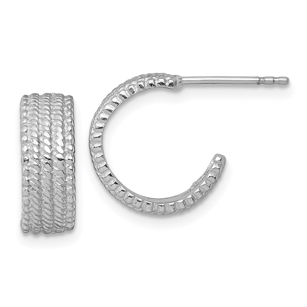 Sterling Silver Rhodium-Plated Polished and Textured Post Hoop Earrings