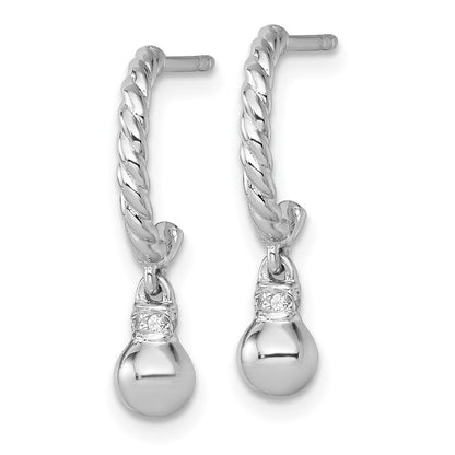 Sterling Silver Rhodium Plated Polished and Twisted CZ Post J-Hoop Dangle Earrings