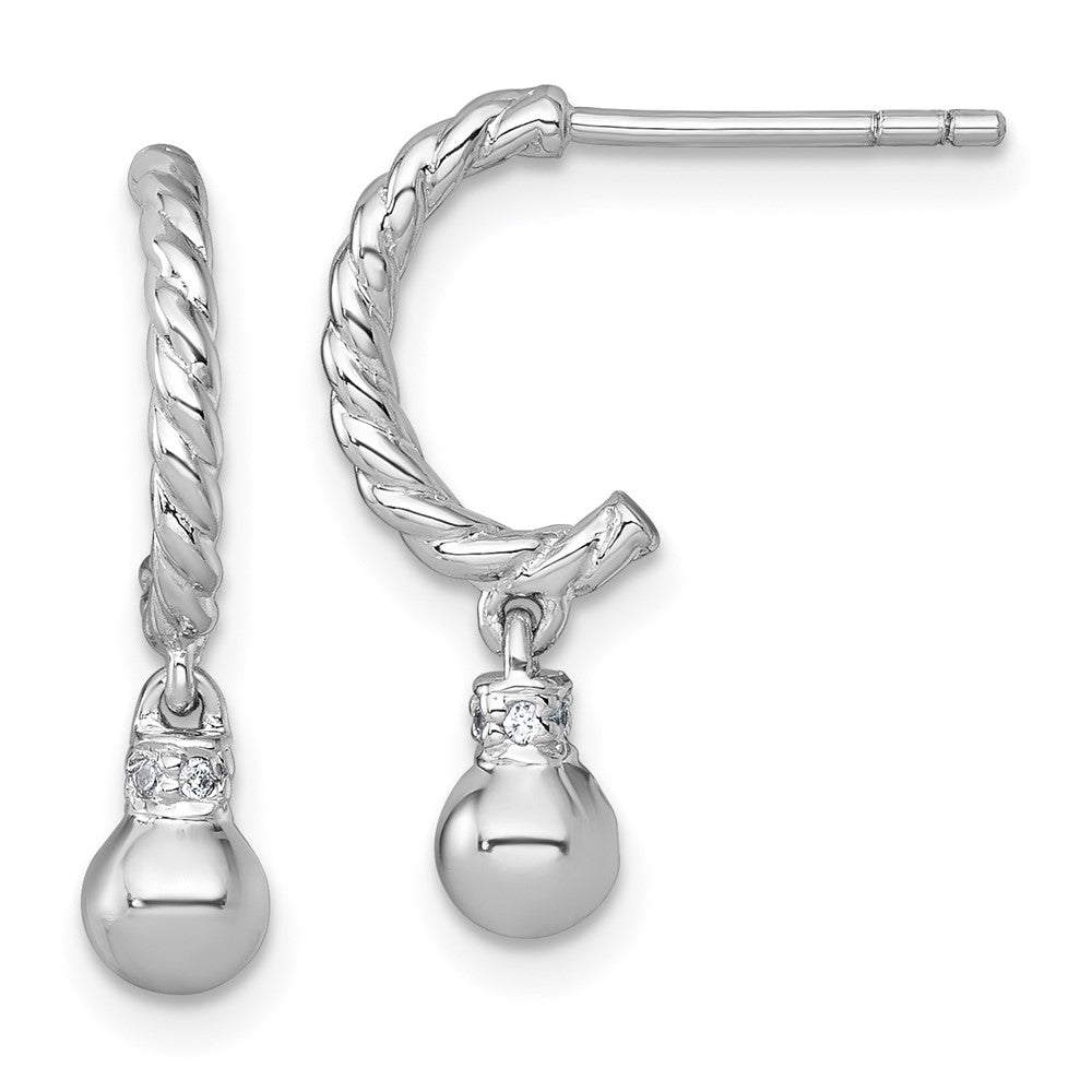Sterling Silver Rhodium Plated Polished and Twisted CZ Post J-Hoop Dangle Earrings