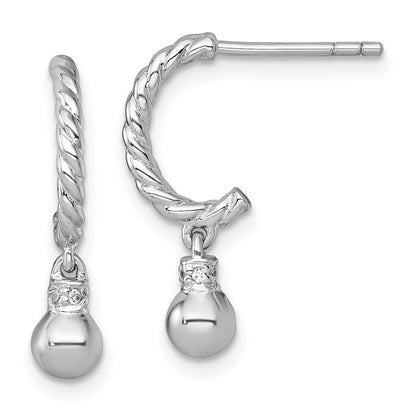 Sterling Silver Rhodium Plated Polished and Twisted CZ Post J-Hoop Dangle Earrings