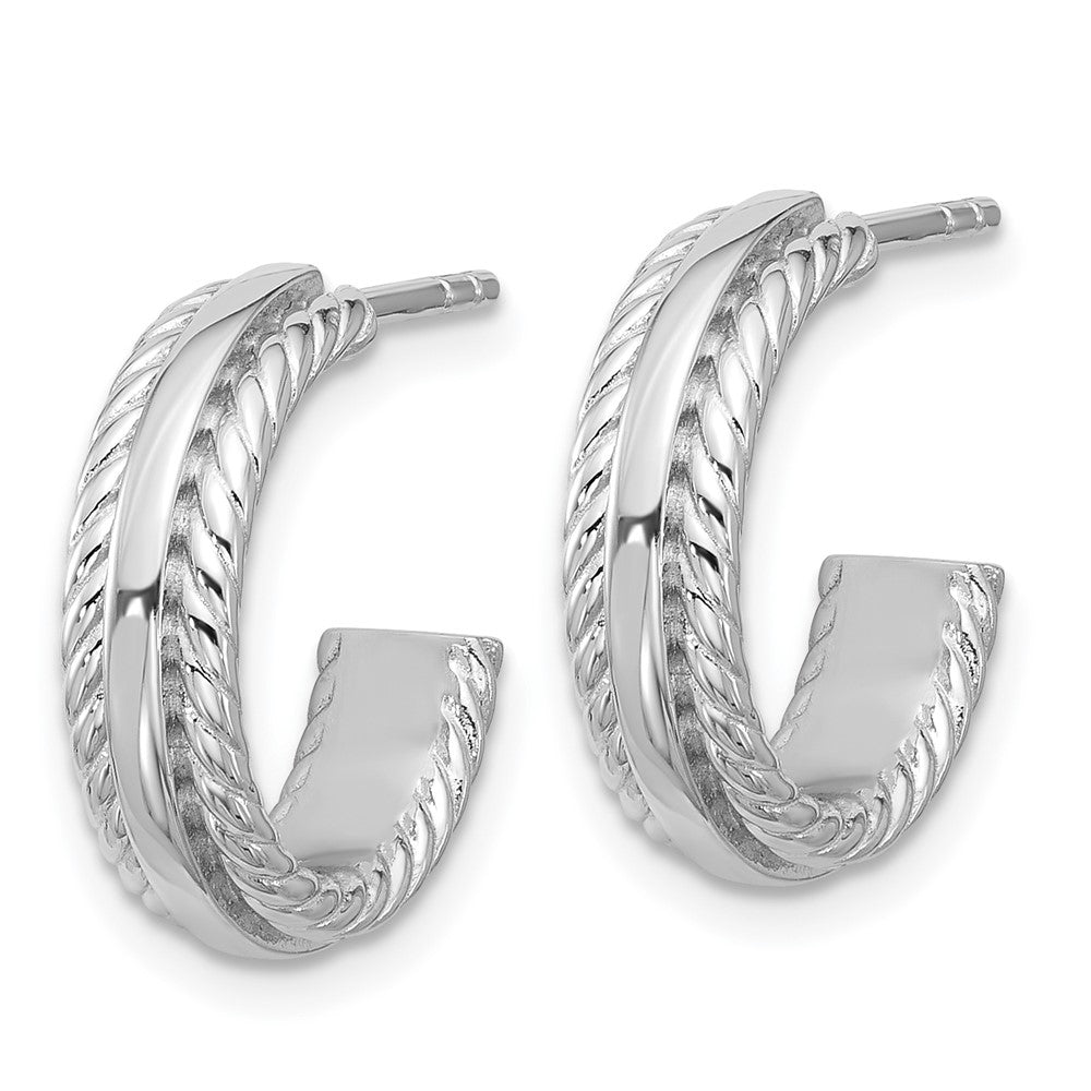 Sterling Silver Rhodium-Plated Grooved J-Hoop Post Earrings