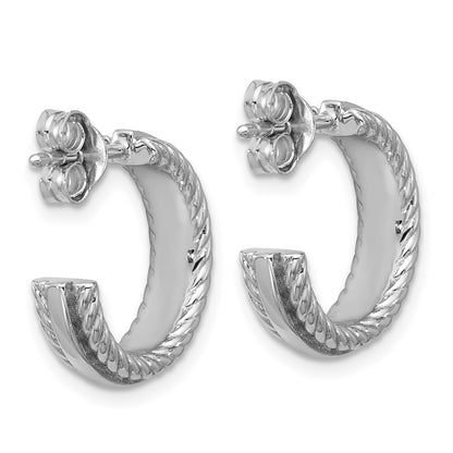 Sterling Silver Rhodium-Plated Grooved J-Hoop Post Earrings