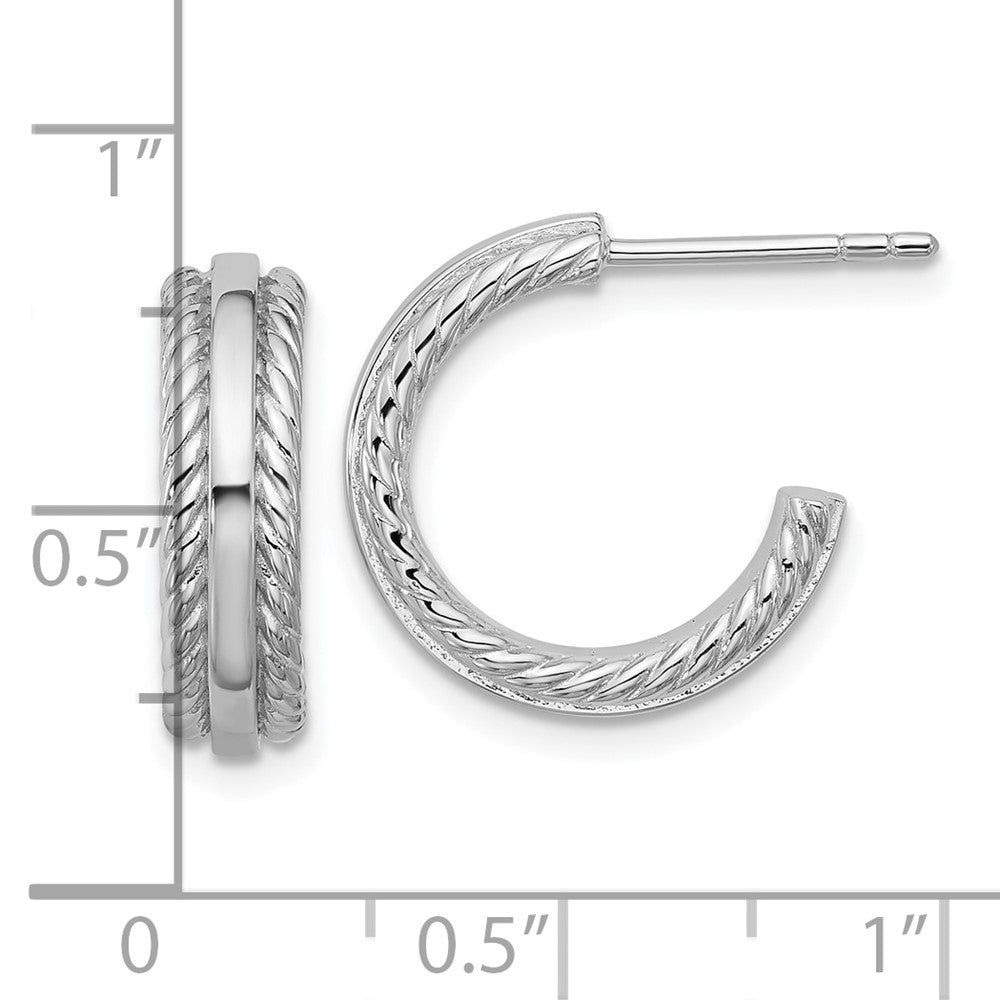Sterling Silver Rhodium-Plated Grooved J-Hoop Post Earrings