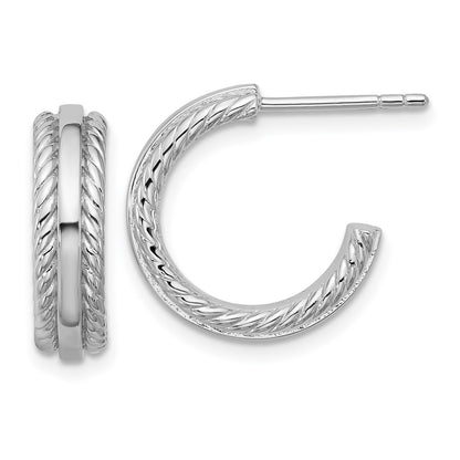 Sterling Silver Rhodium-Plated Grooved J-Hoop Post Earrings