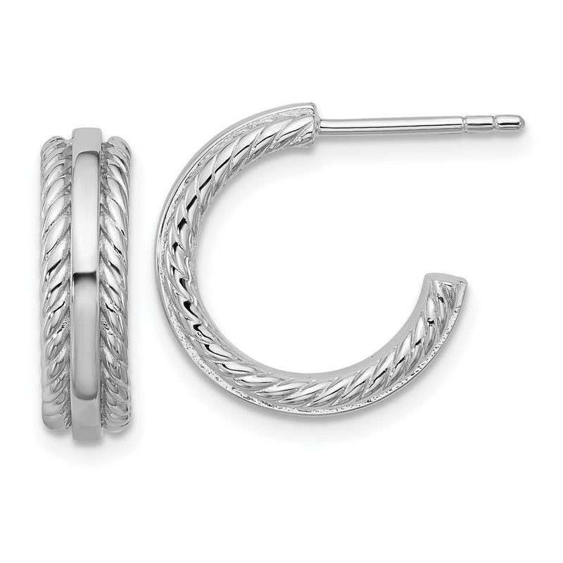 Sterling Silver Rhodium-Plated Grooved J-Hoop Post Earrings