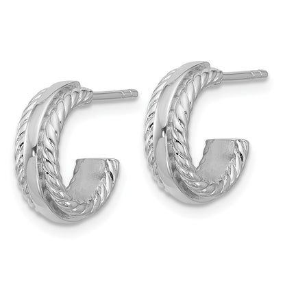 Sterling Silver Rhodium-Plated Grooved J-Hoop Post Earrings