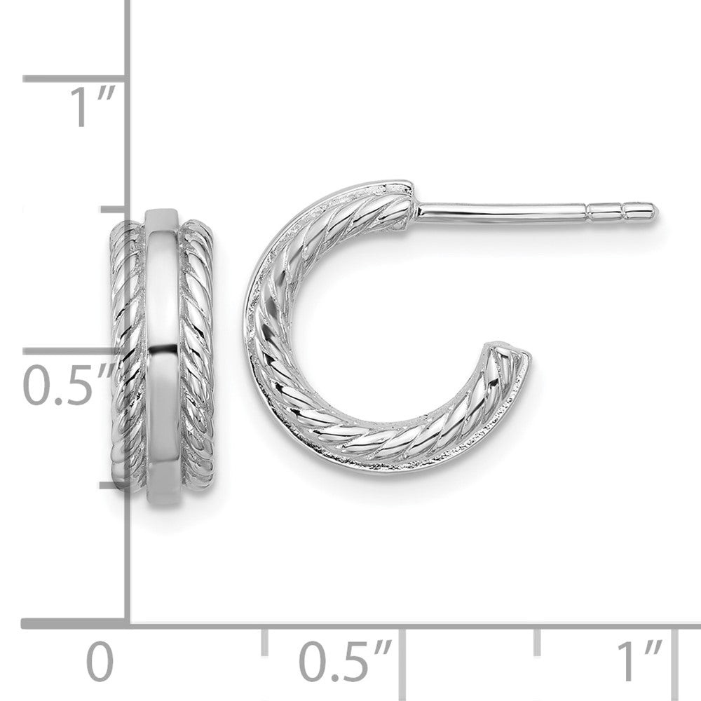 Sterling Silver Rhodium-Plated Grooved J-Hoop Post Earrings