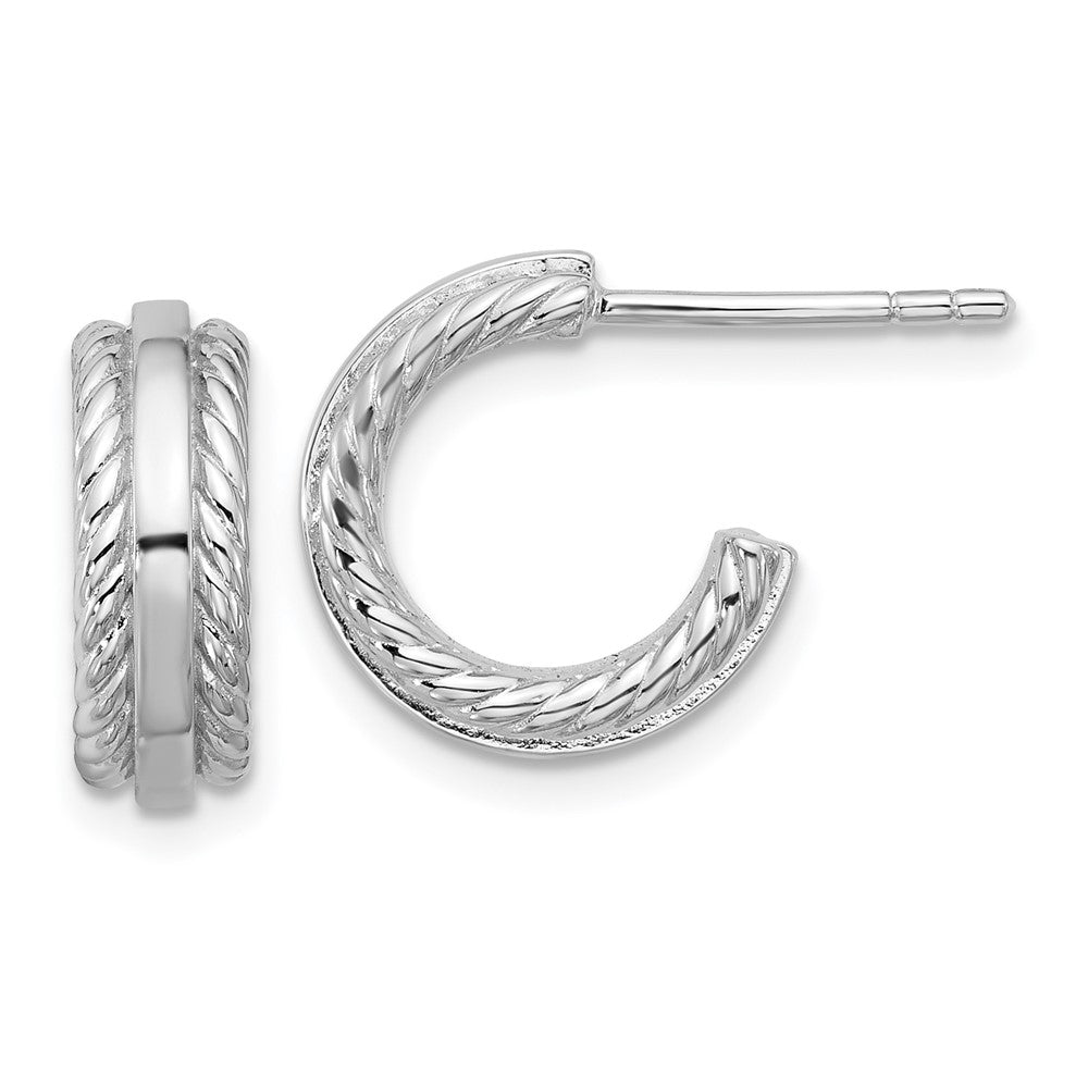Sterling Silver Rhodium-Plated Grooved J-Hoop Post Earrings