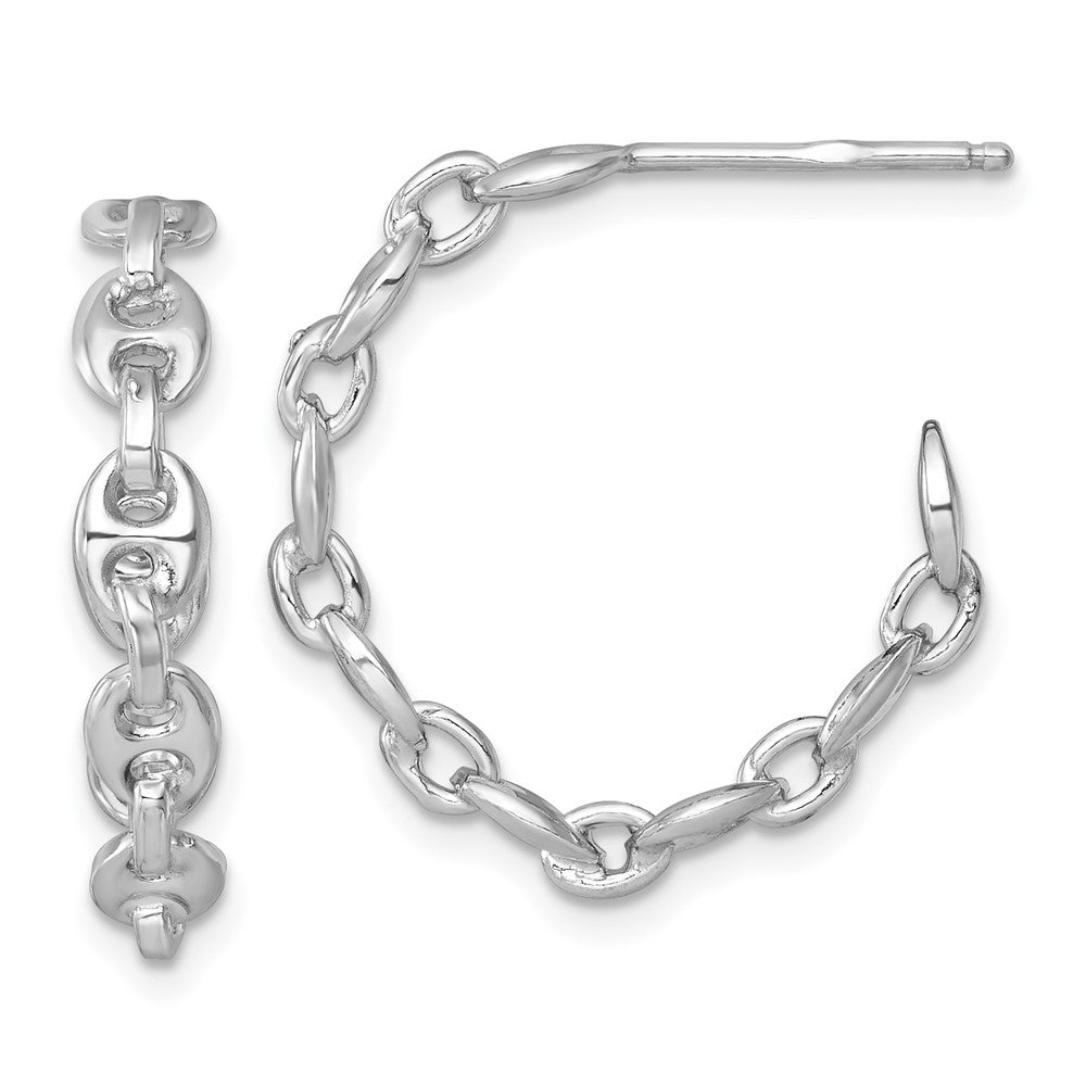 Sterling Silver Rhodium-Plated Puffed Mariner Link Post Hoop Earrings
