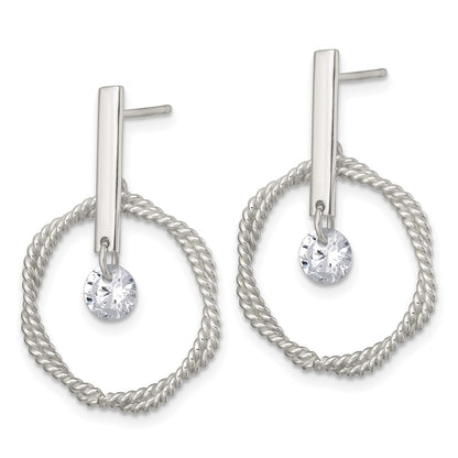 Sterling Silver Polished and Twisted CZ Circle Post Dangle Earrings