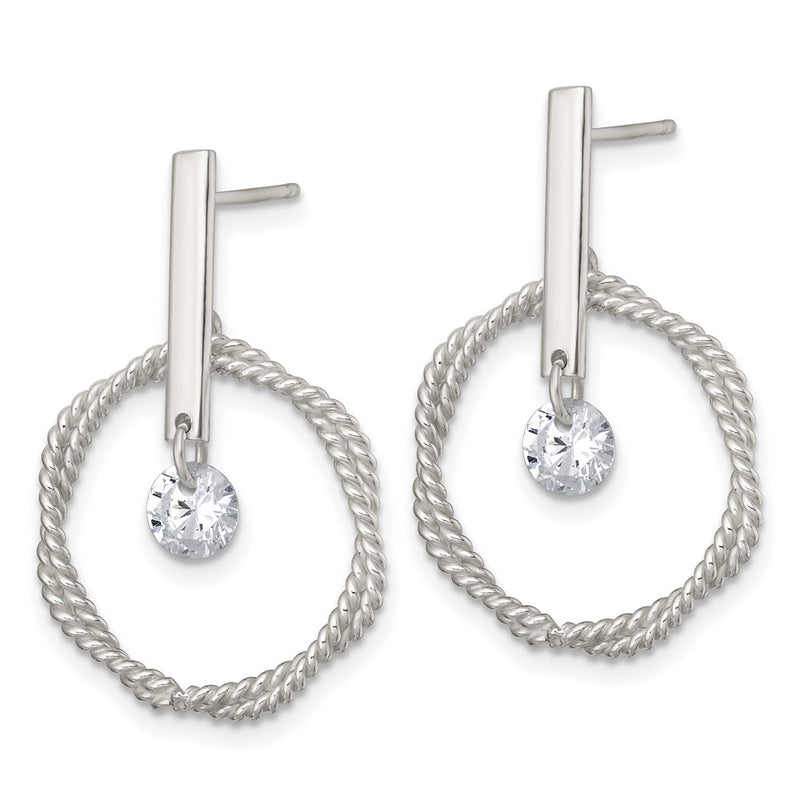 Sterling Silver Polished and Twisted CZ Circle Post Dangle Earrings