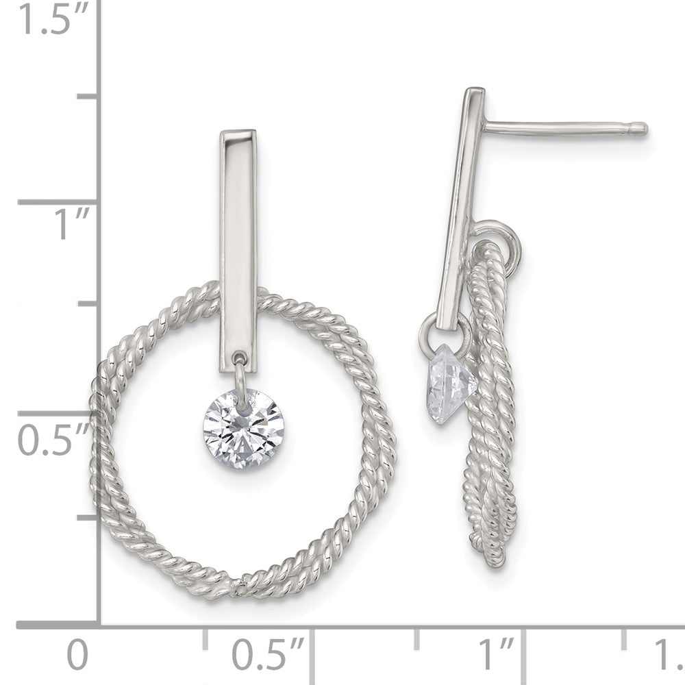 Sterling Silver Polished and Twisted CZ Circle Post Dangle Earrings