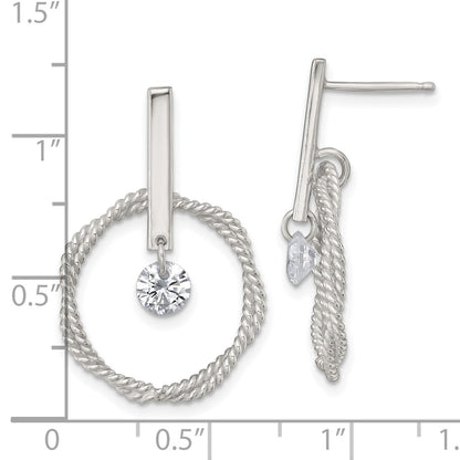 Sterling Silver Polished and Twisted CZ Circle Post Dangle Earrings