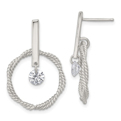 Sterling Silver Polished and Twisted CZ Circle Post Dangle Earrings