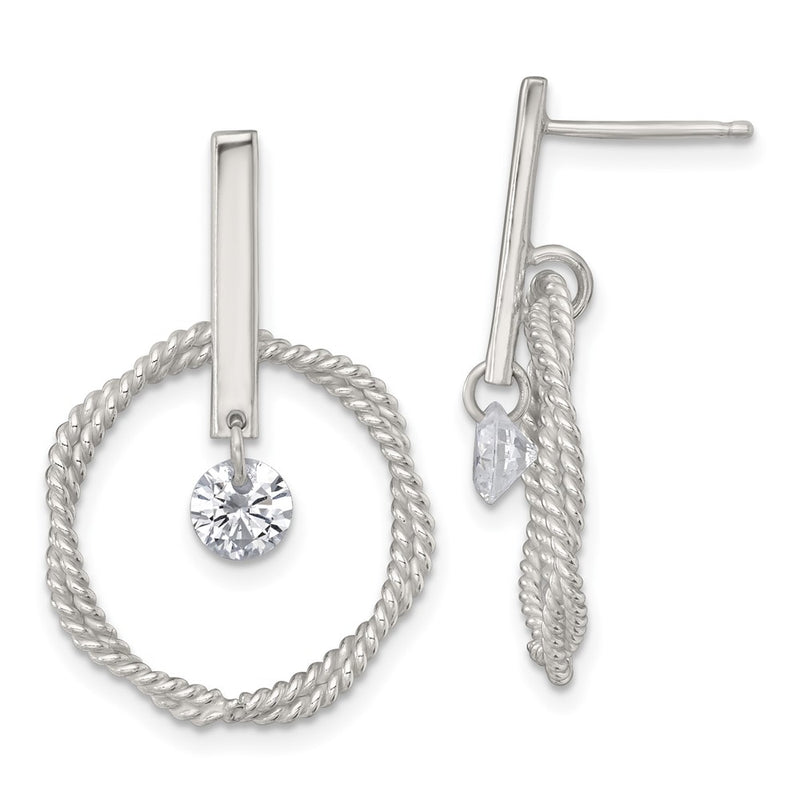 Sterling Silver Polished and Twisted CZ Circle Post Dangle Earrings