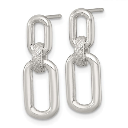 Sterling Silver Polished and Textured Fancy Link Post Dangle Earrings