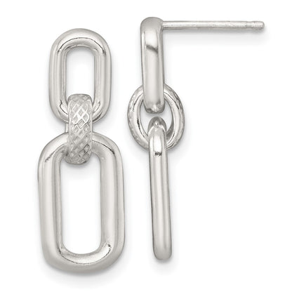 Sterling Silver Polished and Textured Fancy Link Post Dangle Earrings