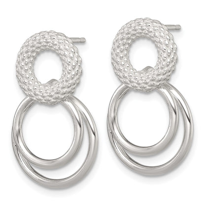 Sterling Silver Polished and Textured Double Circle Post Dangle Earrings