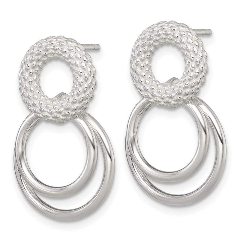 Sterling Silver Polished and Textured Double Circle Post Dangle Earrings