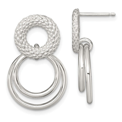 Sterling Silver Polished and Textured Double Circle Post Dangle Earrings