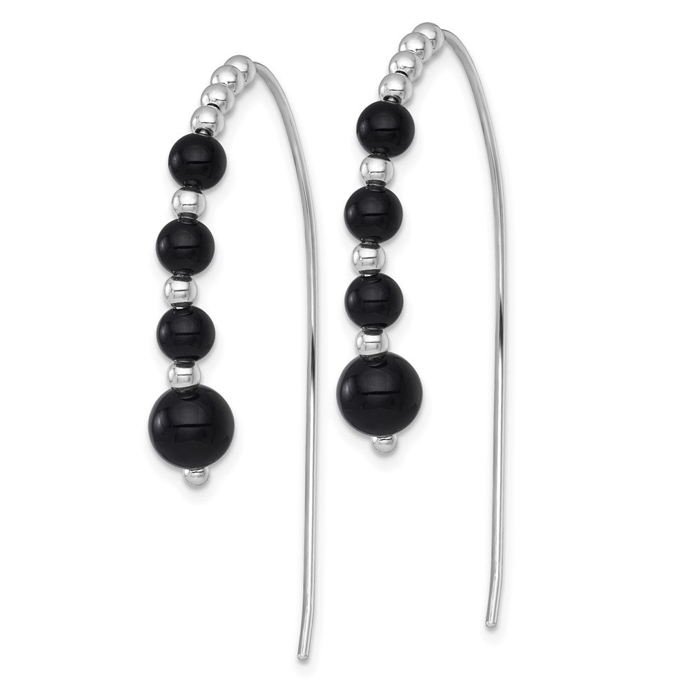 Sterling Silver Rhodium Plated Polished Onyx Beaded Threader Earrings
