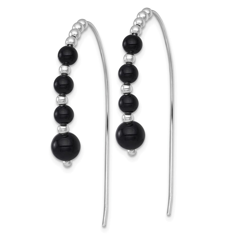 Sterling Silver Rhodium Plated Polished Onyx Beaded Threader Earrings