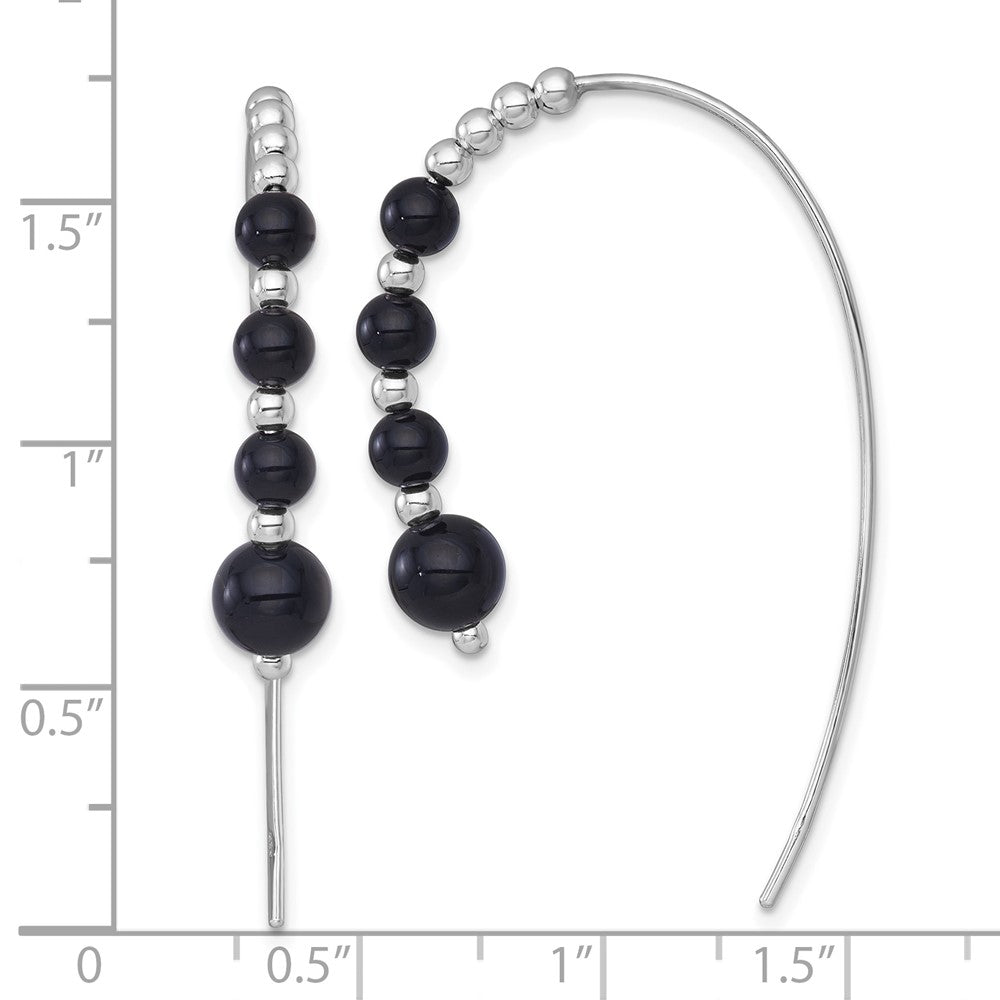 Sterling Silver Rhodium Plated Polished Onyx Beaded Threader Earrings