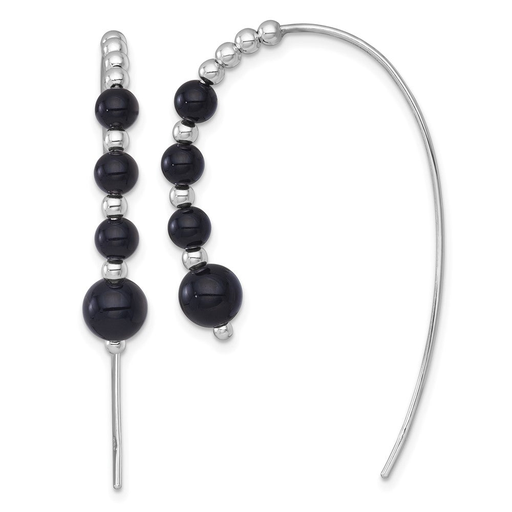 Sterling Silver Rhodium Plated Polished Onyx Beaded Threader Earrings