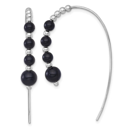 Sterling Silver Rhodium Plated Polished Onyx Beaded Threader Earrings