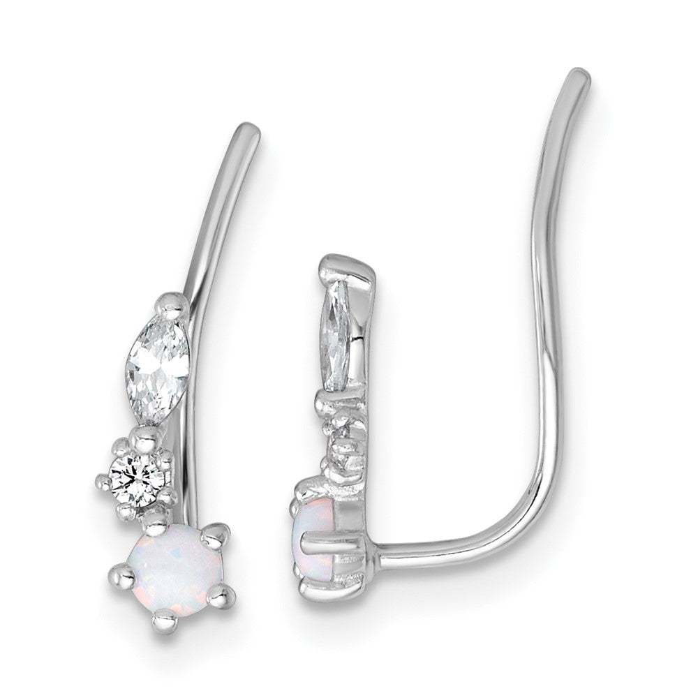 Sterling Silver Rhodium-Plated Polished CZ and Cr. Opal Ear Climbers