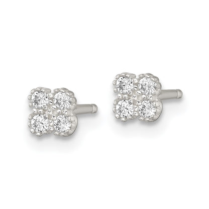 Sterling Silver Polished Textured CZ Quatrefoil Post Earrings