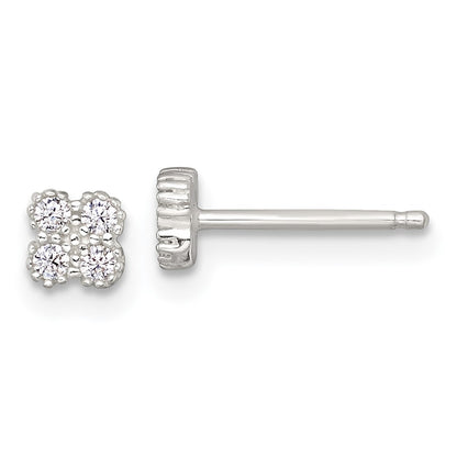 Sterling Silver Polished Textured CZ Quatrefoil Post Earrings