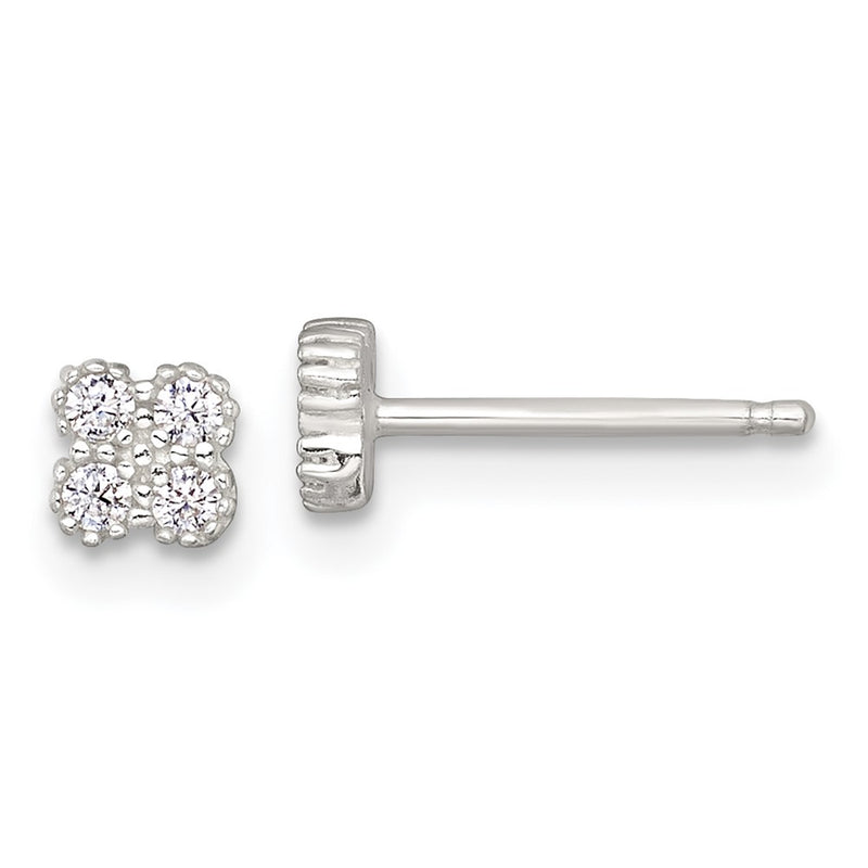 Sterling Silver Polished Textured CZ Quatrefoil Post Earrings