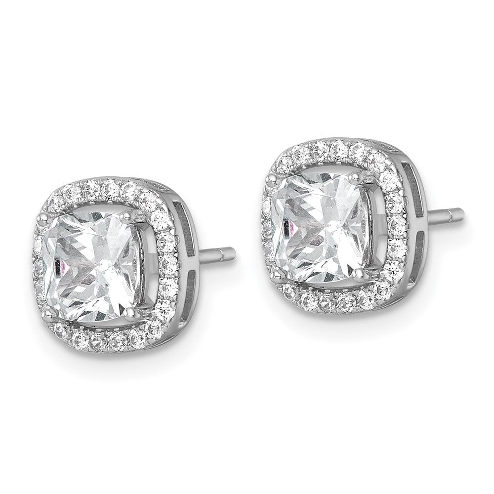 Sterling Silver Rh-Pltd Polished 10mm Cushion Halo CZ Post Earrings