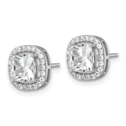 Sterling Silver Rh-Pltd Polished 10mm Cushion Halo CZ Post Earrings