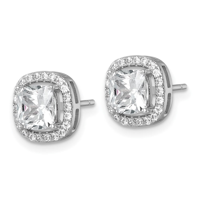 Sterling Silver Rh-Pltd Polished 10mm Cushion Halo CZ Post Earrings