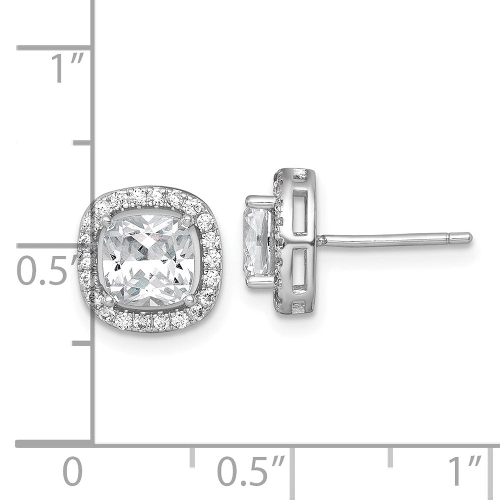 Sterling Silver Rh-Pltd Polished 10mm Cushion Halo CZ Post Earrings