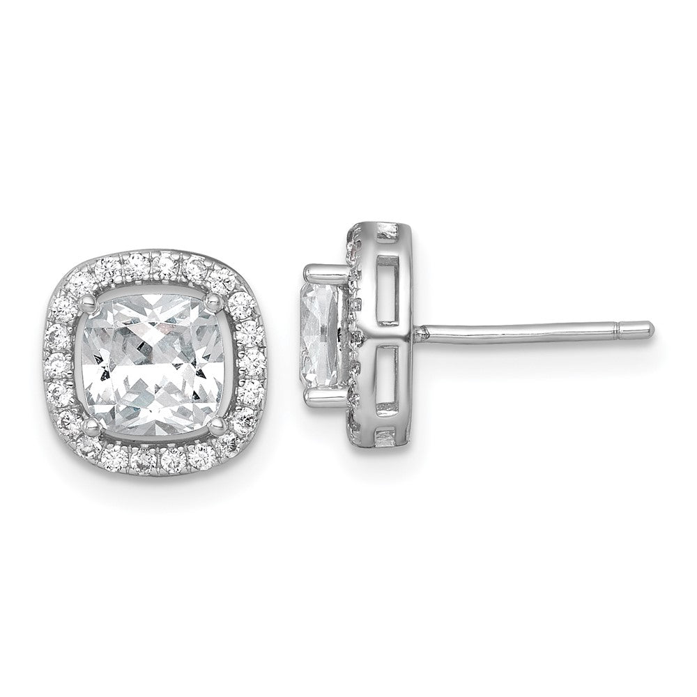 Sterling Silver Rh-Pltd Polished 10mm Cushion Halo CZ Post Earrings