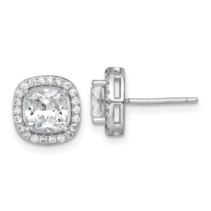 Sterling Silver Rh-Pltd Polished 10mm Cushion Halo CZ Post Earrings