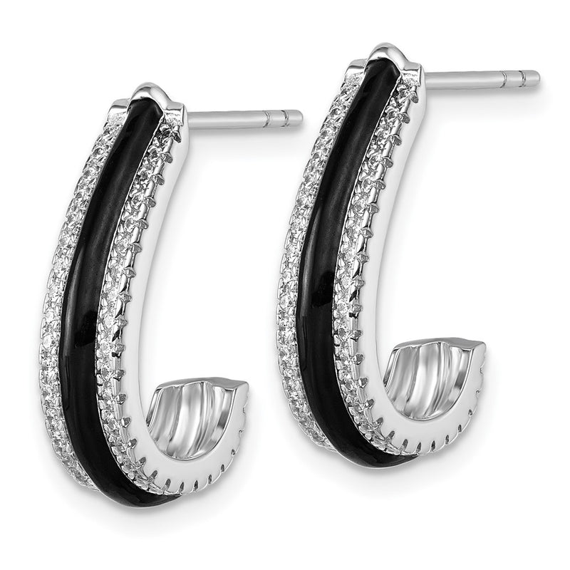 Sterling Silver Rhodium-Plated CZ Black Enamel Post J-Hoop Earrings