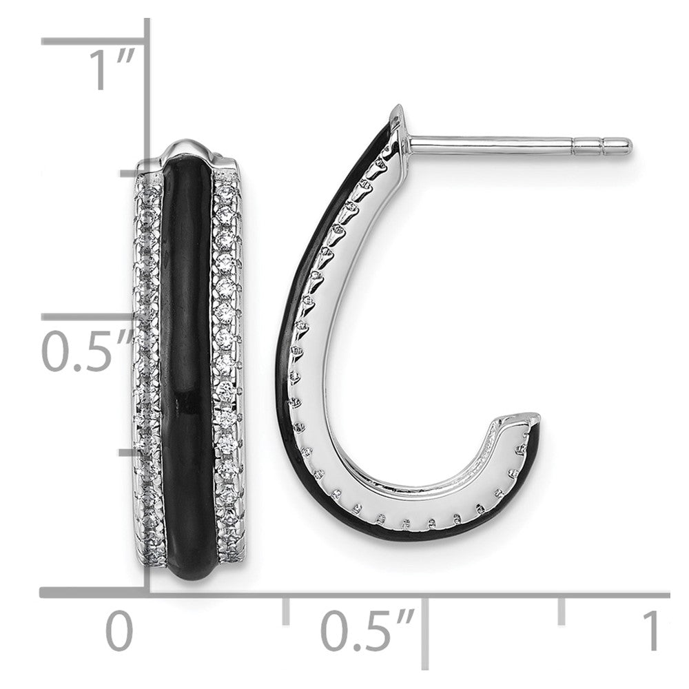 Sterling Silver Rhodium-Plated CZ Black Enamel Post J-Hoop Earrings
