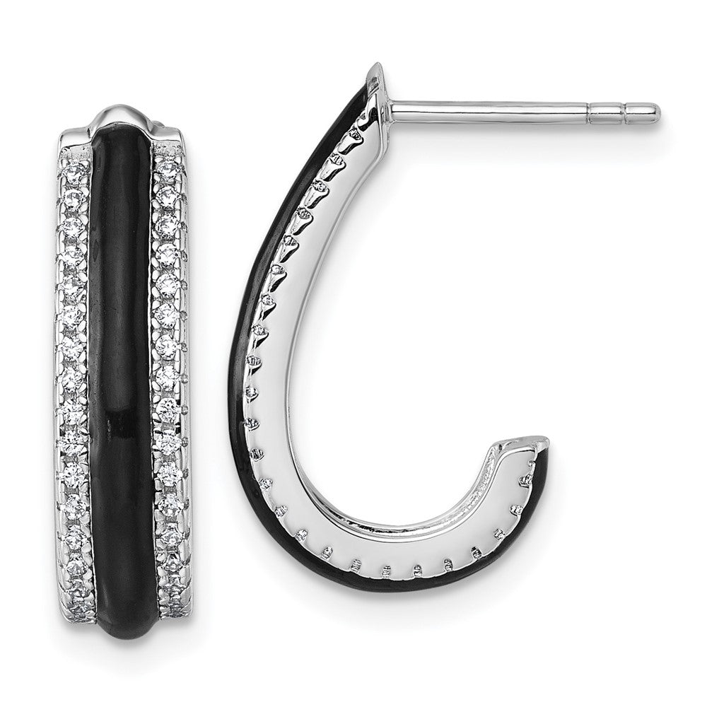 Sterling Silver Rhodium-Plated CZ Black Enamel Post J-Hoop Earrings