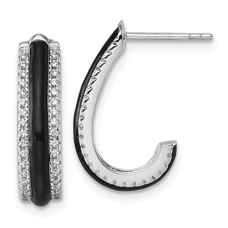 Sterling Silver Rhodium-Plated CZ Black Enamel Post J-Hoop Earrings
