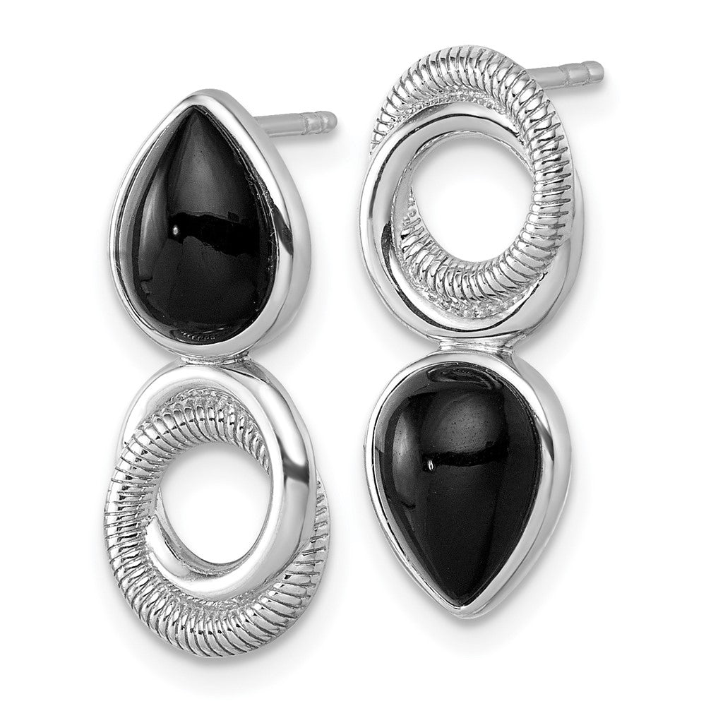 Sterling Silver Rhodium-Plated Black Agate Circle Teardrop Post Earrings