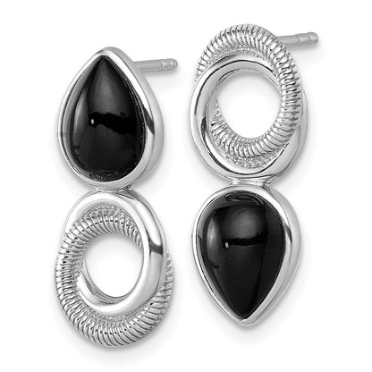 Sterling Silver Rhodium-Plated Black Agate Circle Teardrop Post Earrings