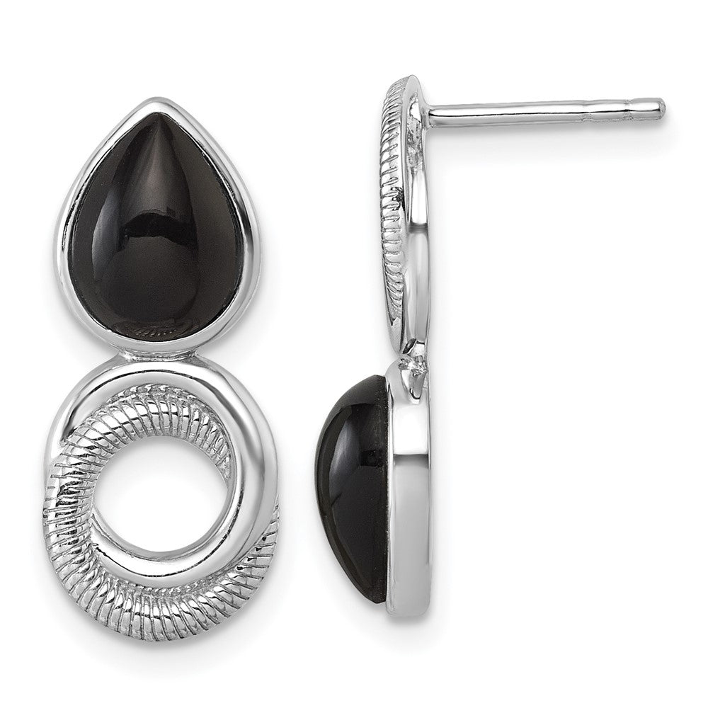 Sterling Silver Rhodium-Plated Black Agate Circle Teardrop Post Earrings